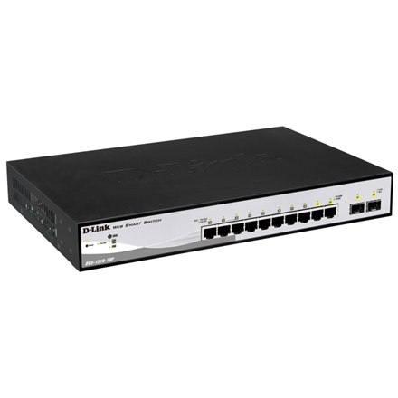 D-LINK DGS-1210-10P, Gigabit Smart III Switch with 8 10/100/1000Base-T PoE ports and 2 combo 1000Base-T/MiniGBIC (SFP) ports, 802.3x Flow Control, Port Trunking, 802.1Q VLAN, 802.1p Priority Queues, Port mirroring, Jumbo Frame support, 802.1D STP, ACL, LLDP, Cable Diagnostics, Voice VLAN, CLI | D-Link | 24 month(s)