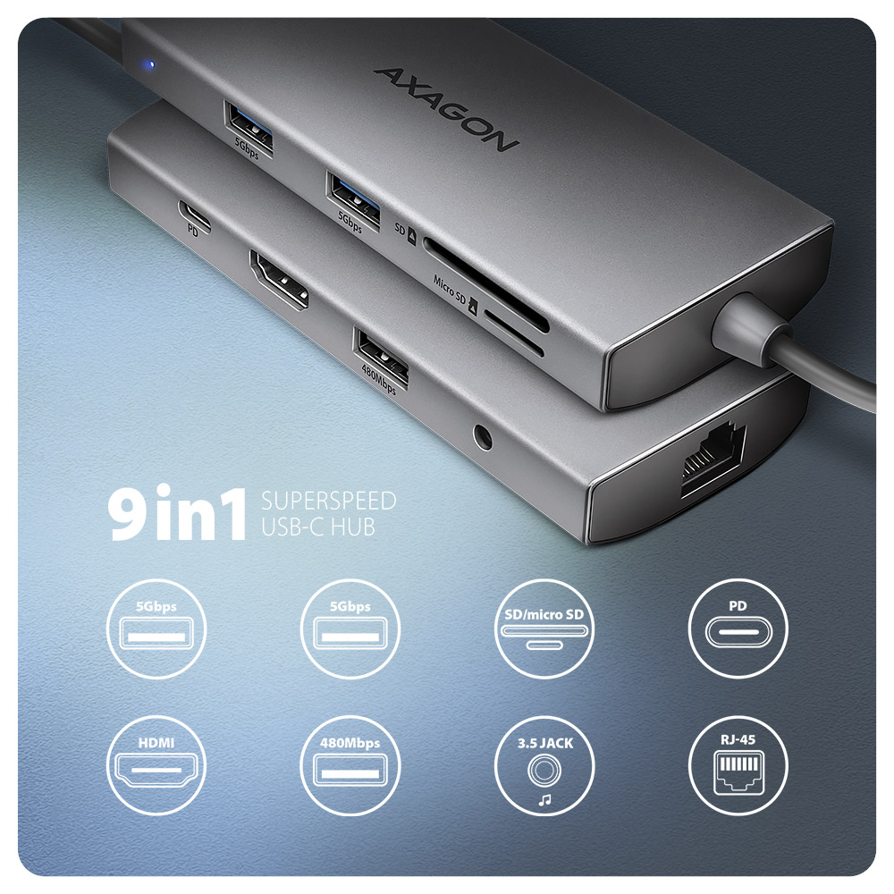 AXAGON Multi port USB-C 5Gbps hub | HMC-8HLSA - Image 2