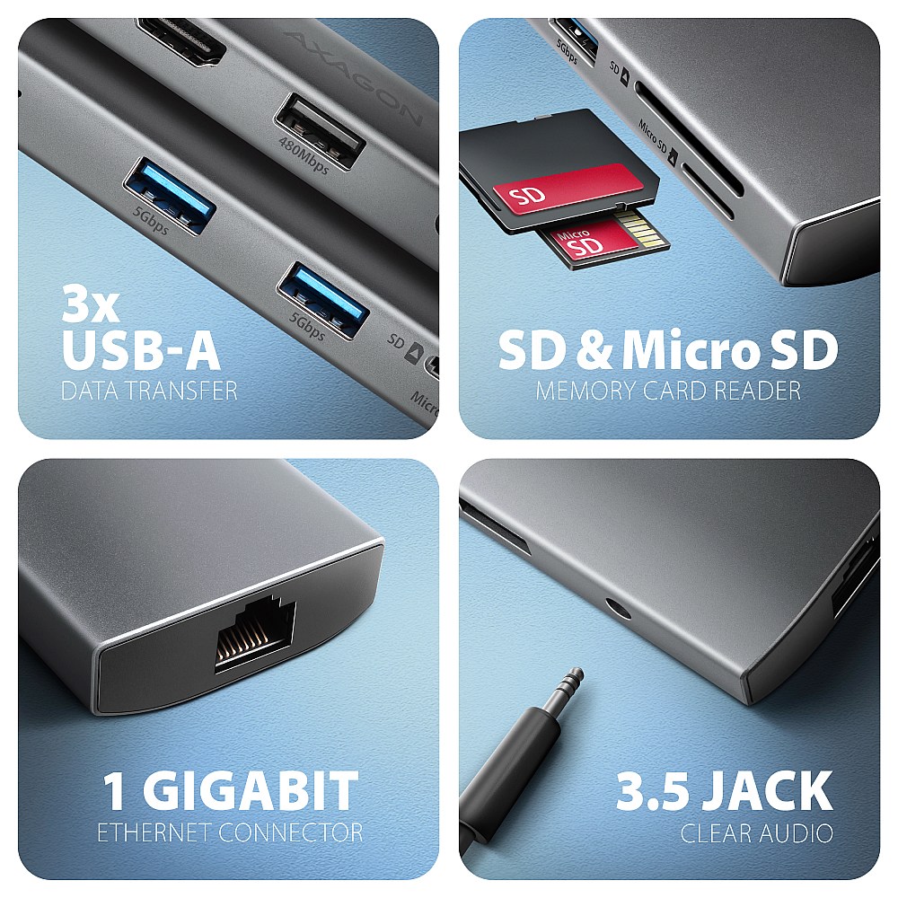 AXAGON Multi port USB-C 5Gbps hub | HMC-8HLSA - Image 3