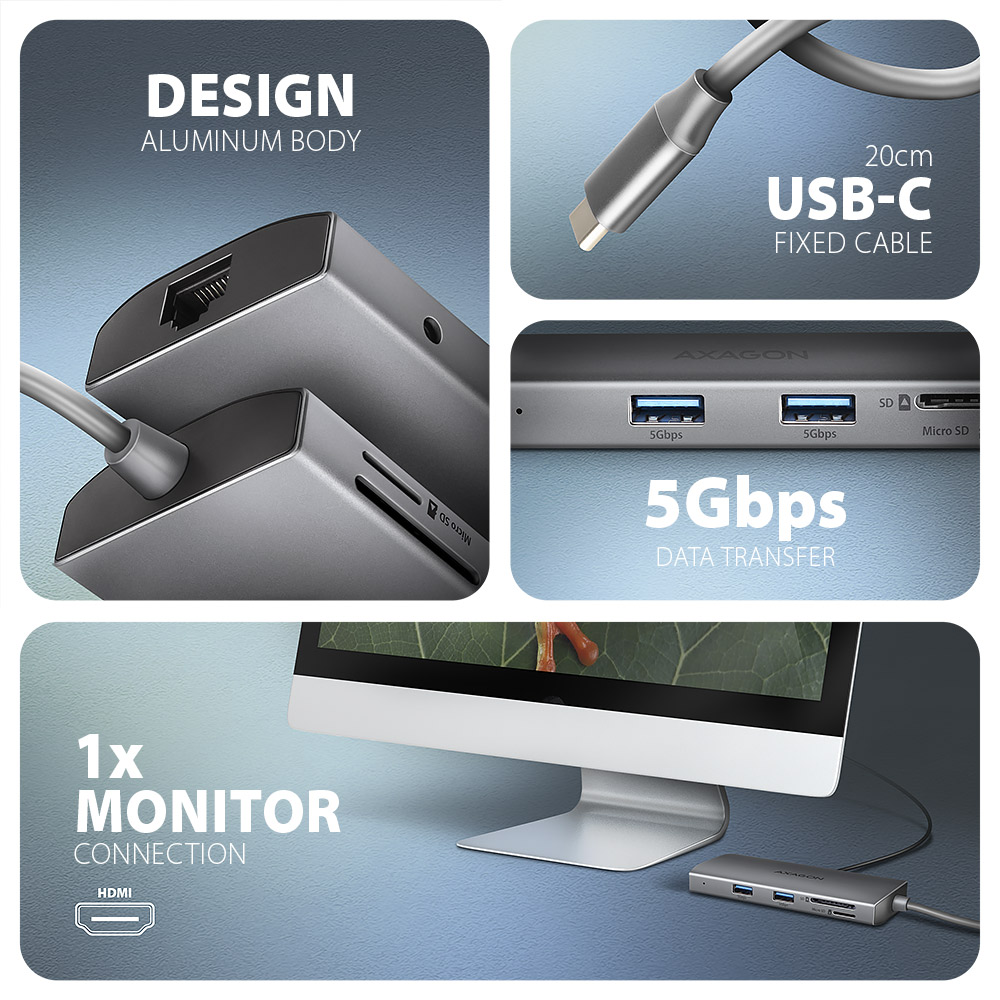 AXAGON Multi port USB-C 5Gbps hub | HMC-8HLSA - Image 4