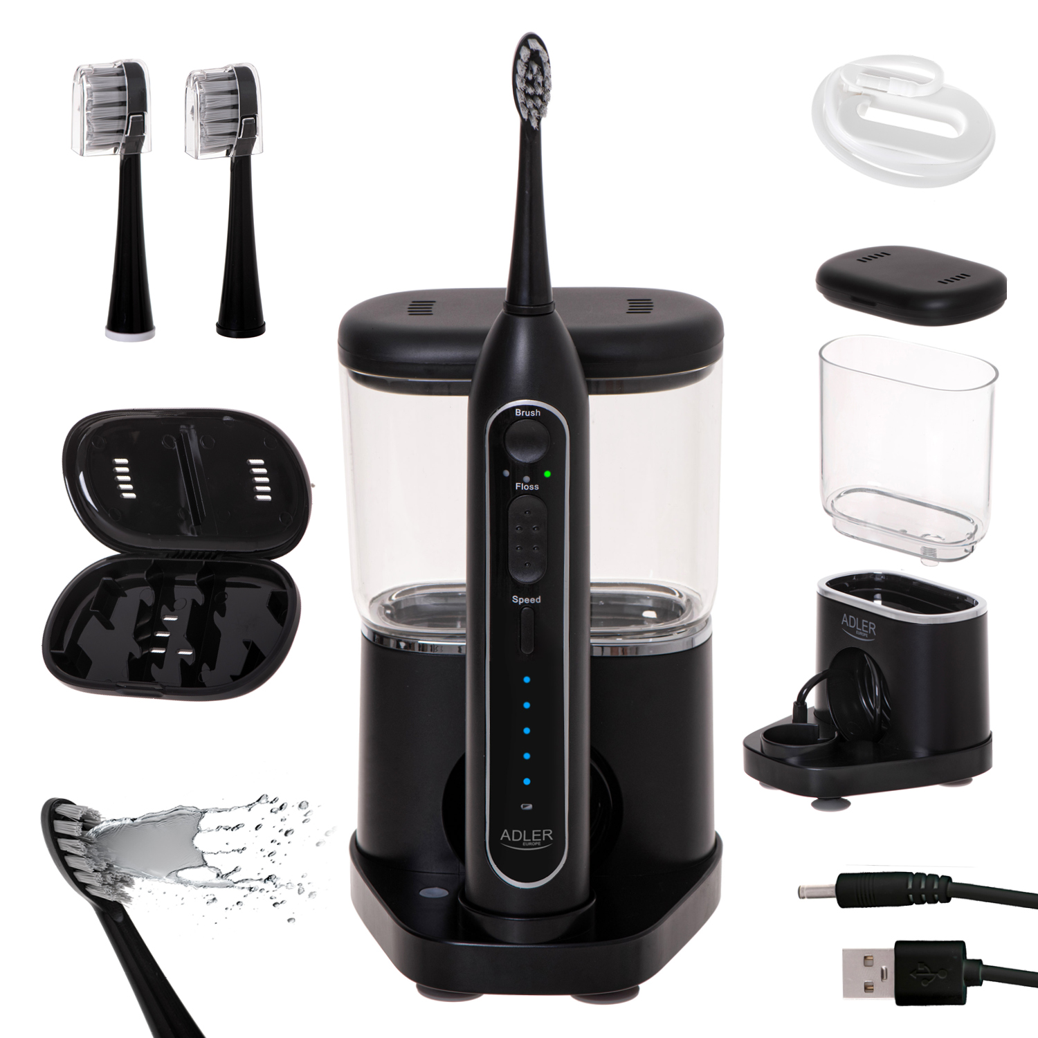 Adler | 2-in-1 Water Flossing Sonic Brush | AD 2180b | Rechargeable | For adults | Number of brush heads included 2 | Number of teeth brushing modes 1 | Black - Image 5