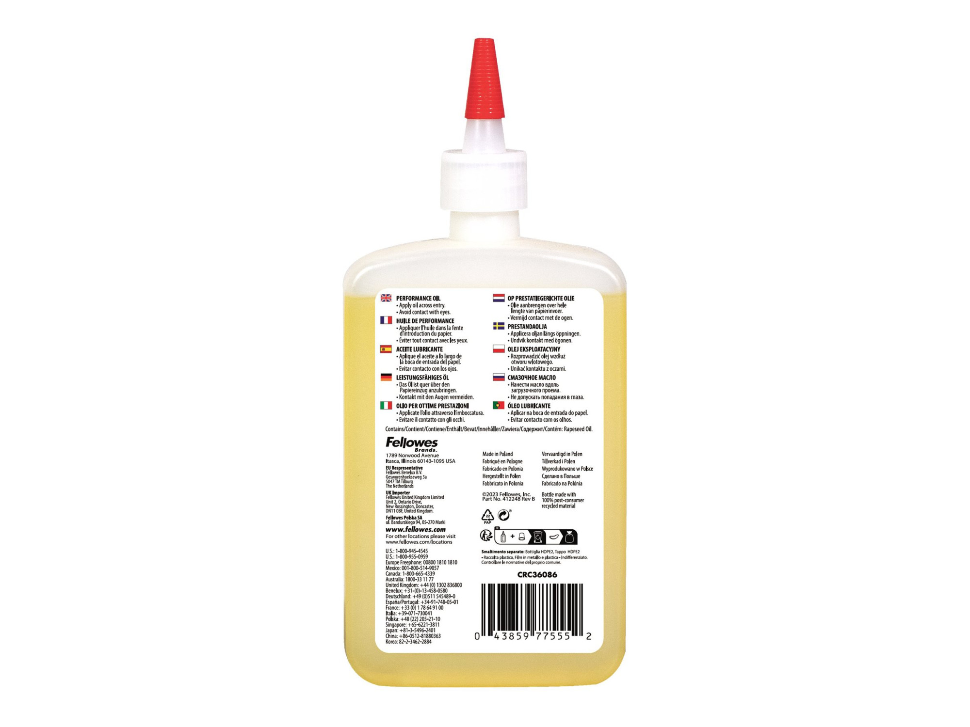 Fellowes | Shredder Oil 355 ml | For use with all Fellowes cross-cut and micro-cut shredders. Oil shredder each time wastebasket is emptied or a minimum of twice a month. Plastic squeeze bottle with extended nozzle ensures complete coverage - Image 4