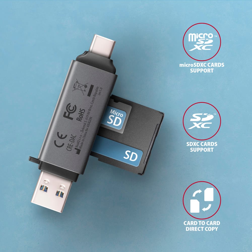 AXAGON Mobile USB 3.2 Gen 1 MINI card reader with USB-C and USB-A connectors | CRE-DAC - Image 3