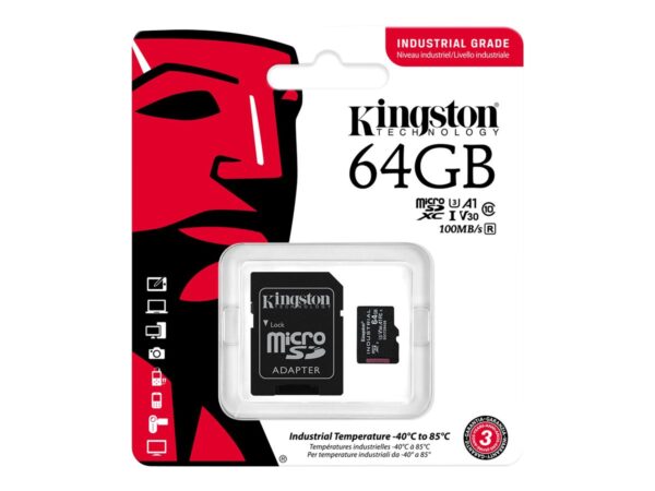 Kingston | UHS-I | 64 GB | microSDHC/SDXC Industrial Card | Flash memory class Class 10, UHS-I, U3, V30, A1 | SD Adapter - Image 3