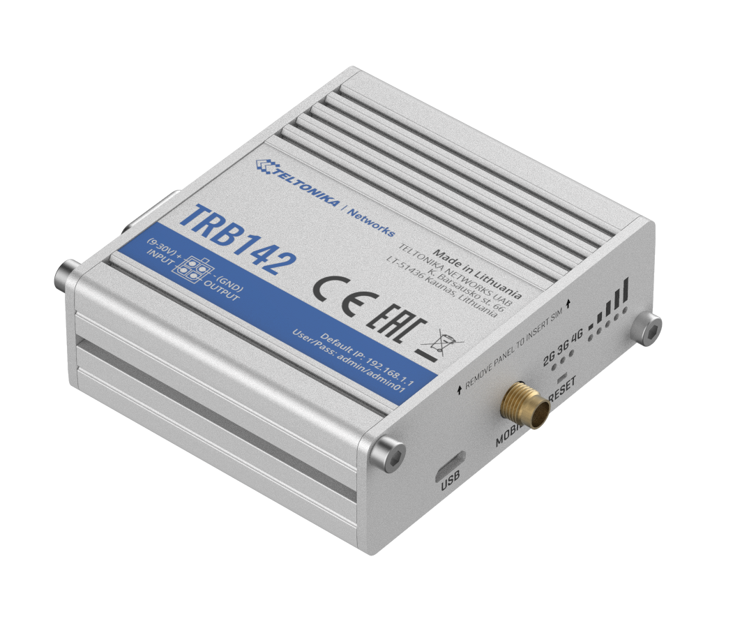 Teltonika TRB142003000 Gateway, 2G/3G/4G LTE (Cat 1), Equipped with RS232 for serial communication | LTE Gateway | TRB142 | No Wi-Fi | Ethernet LAN (RJ-45) ports 0 | Mesh Support No | MU-MiMO No | 2G/3G/4G | Antenna type 1 x SMA for LTE | 1 x Virtual network interface via micro USB - Image 3