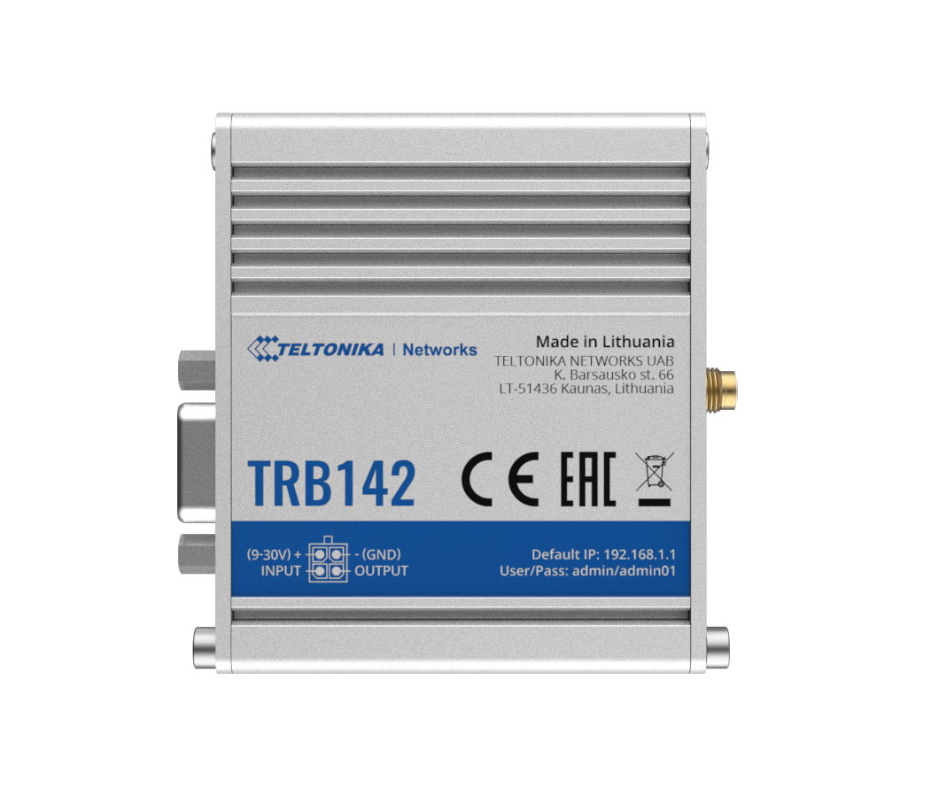 Teltonika TRB142003000 Gateway, 2G/3G/4G LTE (Cat 1), Equipped with RS232 for serial communication | LTE Gateway | TRB142 | No Wi-Fi | Ethernet LAN (RJ-45) ports 0 | Mesh Support No | MU-MiMO No | 2G/3G/4G | Antenna type 1 x SMA for LTE | 1 x Virtual network interface via micro USB - Image 5