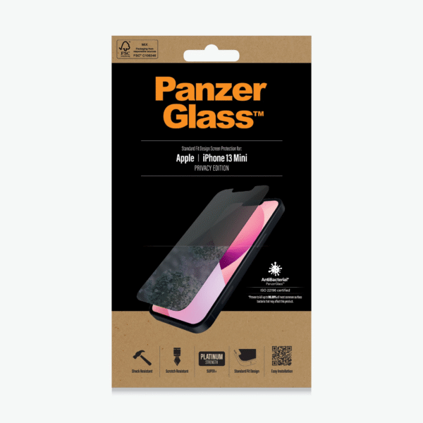 PanzerGlass | Apple | iPhone 13 Mini | Tempered glass | Black | Crystal clear; Resistant to scratches and bacteria; Shock absorbing; Easy to install | Privacy Screen Protector