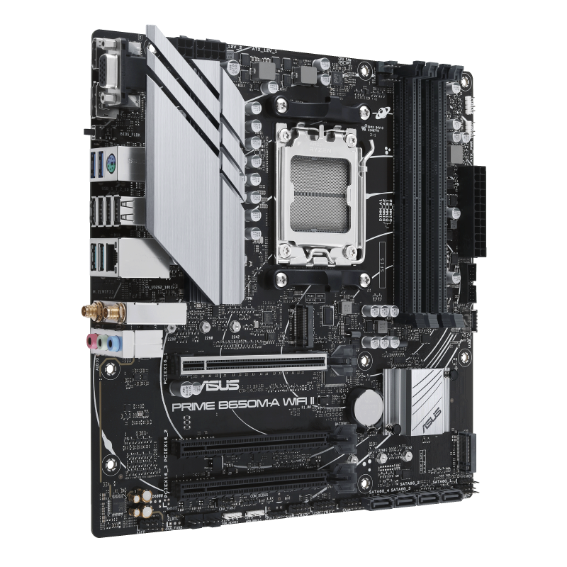 Asus | PRIME B650M-A WIFI II | Processor family AMD | Processor socket AM5 | DDR5 DIMM | Memory slots 4 | Supported hard disk drive interfaces SATA, M.2 | Number of SATA connectors 4 | Chipset AMD B650 | mATX - Image 3