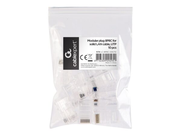 Modular plug 8P8C for solid LAN cable CAT5, UTP, 10 pcs. per bag | Modular 8P8C RJ45 plug, 30u” gold plated, 3-fork internal contacts for use with solid LAN cables - Image 6