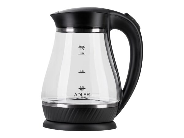 Adler | Kettle | AD 1274 | Standard | 2200 W | 1.7 L | Plastic/Glass | 360° rotational base | Black/ transparent - Image 3