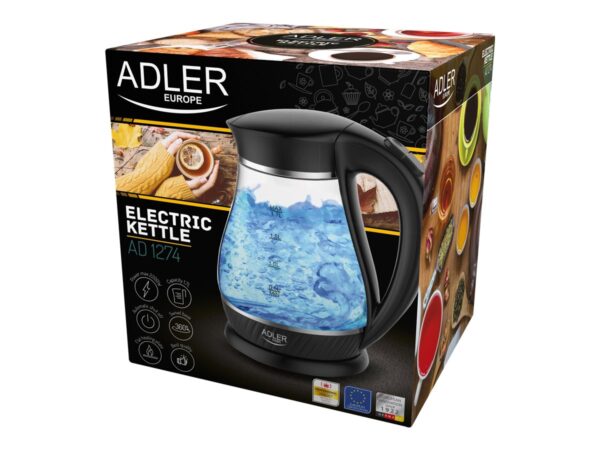 Adler | Kettle | AD 1274 | Standard | 2200 W | 1.7 L | Plastic/Glass | 360° rotational base | Black/ transparent - Image 5