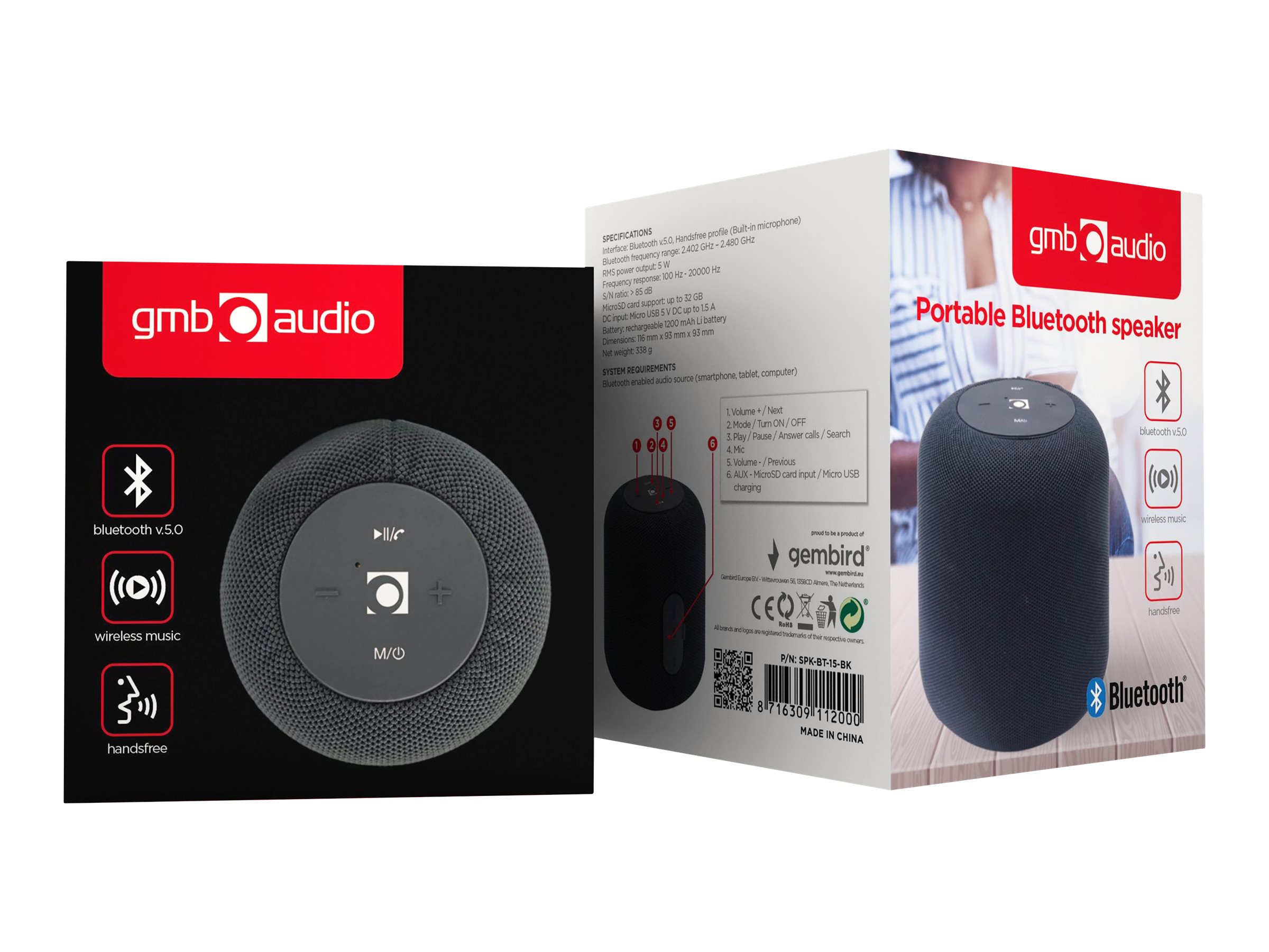 Gembird SPK-BT-15-BK Portable Bluetooth speaker, Wireless, 5 W, 1200 mAh, Black | Gembird - Image 5