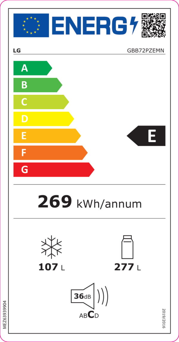 LG | Refrigerator | GBB72PZEMN | Energy efficiency class E | Free standing | Combi | Height 203 cm | No Frost system | Fridge net capacity 277 L | Freezer net capacity 107 L | 36 dB | Silver - Image 8