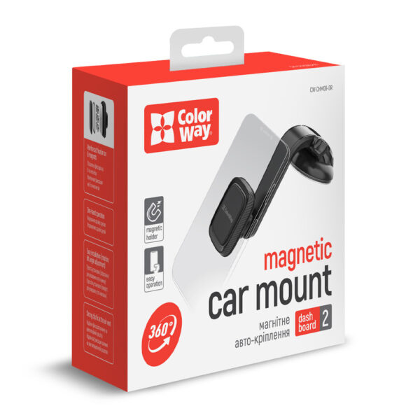 ColorWay | Magnetic Car Holder For Smartphone | Dashboard-2 | Adjustable | Magnetic | Gray | Panel or windshield mounting using a suction cup with a gel adhesive base. Fixing the smartphone with a plate that is glued to the case or to the back panel. Compact design, does not take up much space and does not obstruct the view. Wide compatibility with mobile devices. Full access to device buttons and connectors. Secure smartphone grip thanks to powerful neodymium magnets. | 360 ° - Image 7