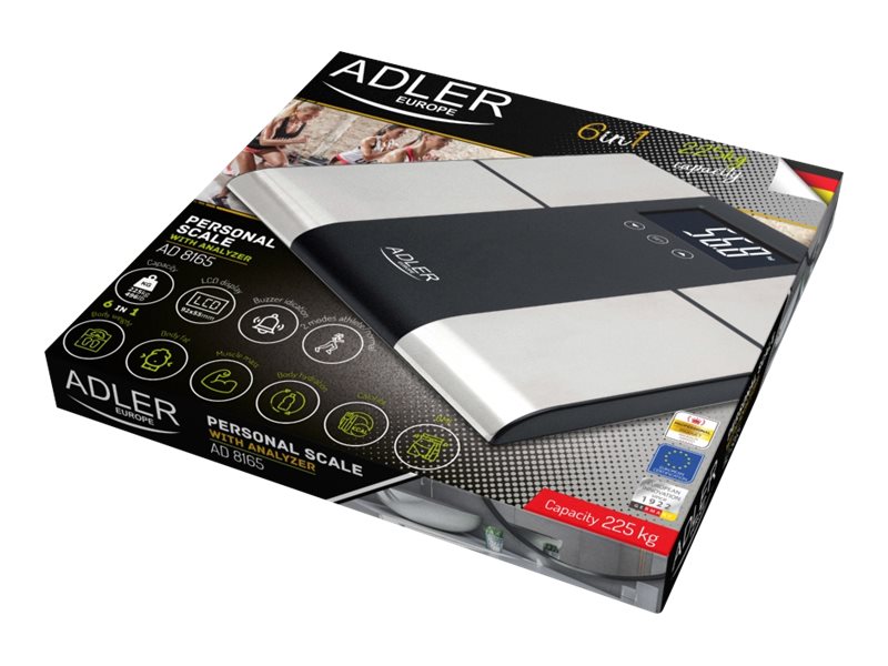 Adler | Bathroom scale with analyzer | AD 8165 | Maximum weight (capacity) 225 kg | Accuracy 100 g | Body Mass Index (BMI) measuring | Stainless steel/Black - Image 6