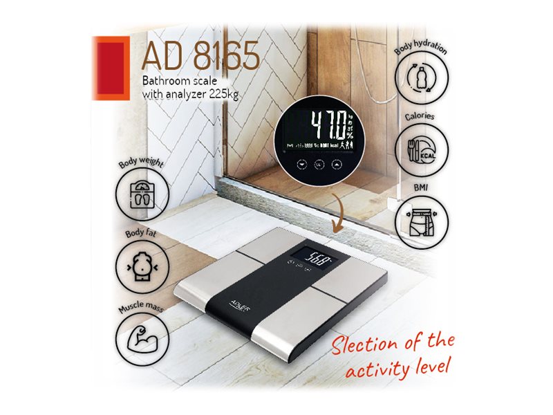 Adler | Bathroom scale with analyzer | AD 8165 | Maximum weight (capacity) 225 kg | Accuracy 100 g | Body Mass Index (BMI) measuring | Stainless steel/Black - Image 14