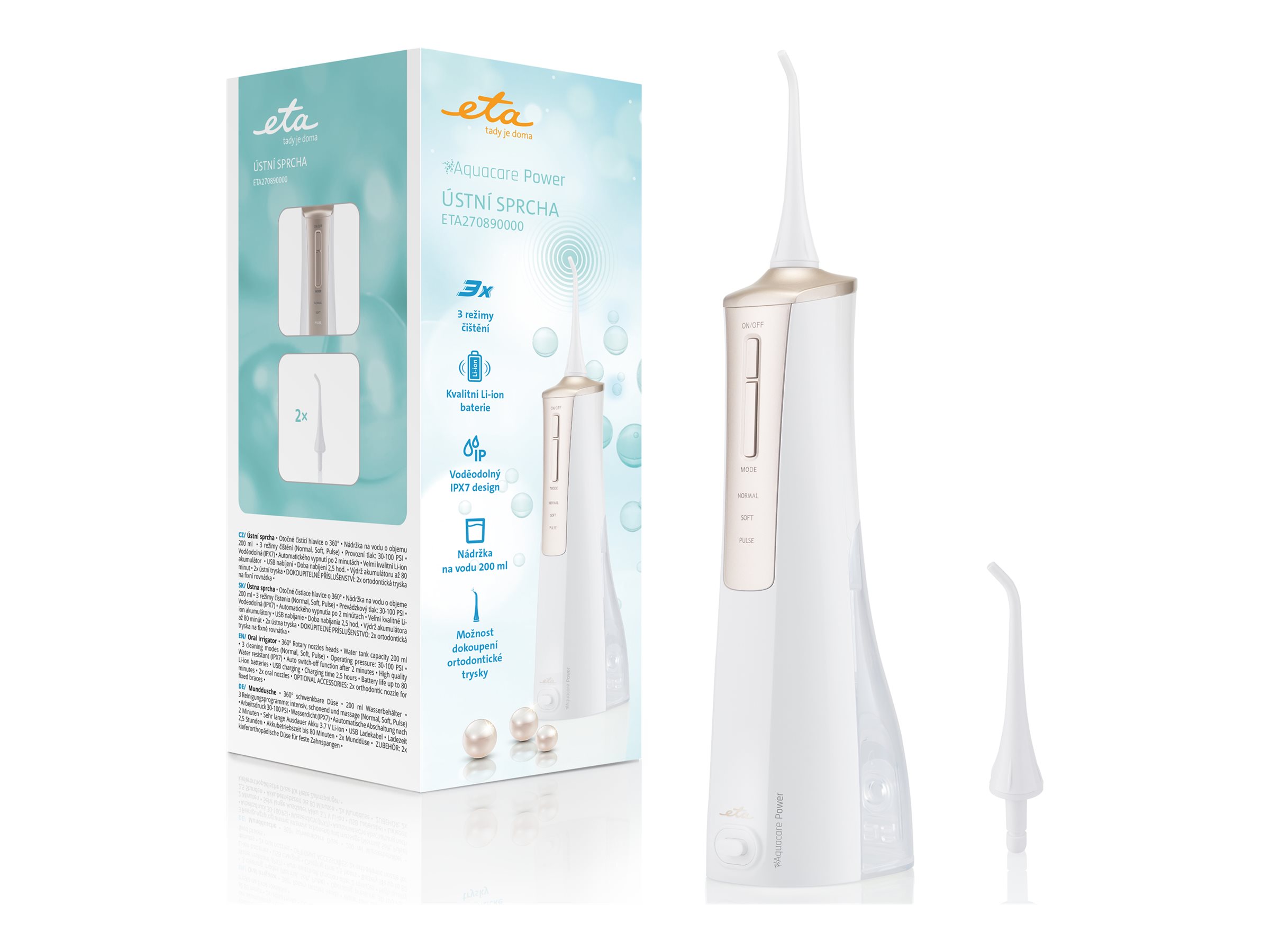 ETA | Oral Irrigator | Sonetic ETA270890000 | Cordless | 200 ml | Number of heads 2 | White/Gold - Image 2