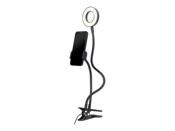 Gembird Selfie ring light with phone holder | Gembird | Selfie ring light with phone holder | LED-RING4-PH-01 | ABS + metal | LED ring diameter: 3.5''. Flexible arms for both phone holder & selfie ring. Practical buttons to change light intensity, color (cool/warm) and on/off switch. Brightness: 10 settings - Image 2