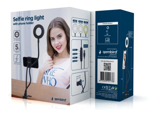 Gembird Selfie ring light with phone holder | Gembird | Selfie ring light with phone holder | LED-RING4-PH-01 | ABS + metal | LED ring diameter: 3.5''. Flexible arms for both phone holder & selfie ring. Practical buttons to change light intensity, color (cool/warm) and on/off switch. Brightness: 10 settings - Image 8