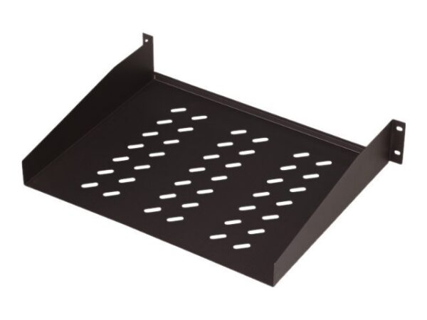Digitus | Fixed Shelf for Racks | DN-19 TRAY-2-55-SW | Black | The shelves for fixed mounting can be installed easy on the two front 483 mm (19“) profile rails of your 483 mm (19“) network- or server cabinet. Due to their stable, perforated steel sheet with a high load capacity, they are the optimal surface for components which are not 483 mm (19”) suitable. - Image 2