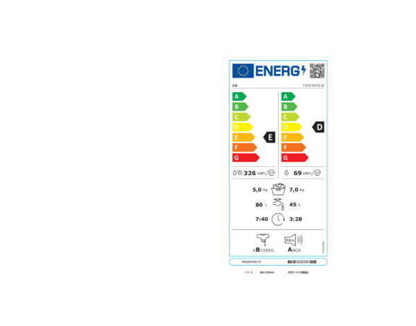 LG | Washing Machine With Dryer | F2DV5S7S1E | Energy efficiency class D | Front loading | Washing capacity 7 kg | 1200 RPM | Depth 46 cm | Width 60 cm | Display | LED | Drying system | Drying capacity 5 kg | Steam function | Direct drive | Wi-Fi | White - Image 4
