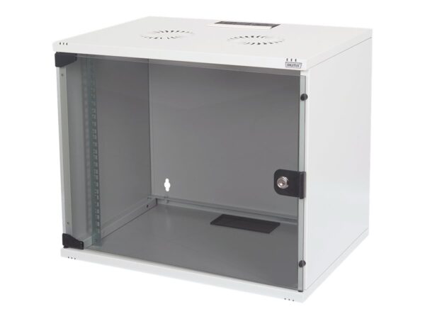 Digitus | 7U wall mounting cabinet | DN-19 07U-S-1 | Grey | Safety class rating IP20. Lockable safety-glass door. 200° door opening angle. Front door: Glass door, single opening. Unmounted 370x540x400 mm - Image 2