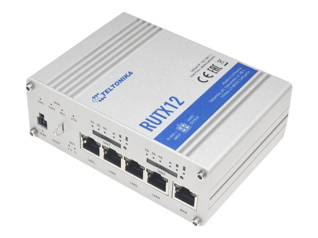 Dual LTE Cat 6 Router | RUTX12 | 802.11ac | 867 Mbit/s | 10/100/1000 Mbit/s | Ethernet LAN (RJ-45) ports 4 | Mesh Support No | MU-MiMO Yes | 4G | Antenna type 4xSMA for LTE, 2xRP-SMA for WiFi, 1xRP-SMA for Bluetooth, 1xSMA for GNNS | 1 x USB A