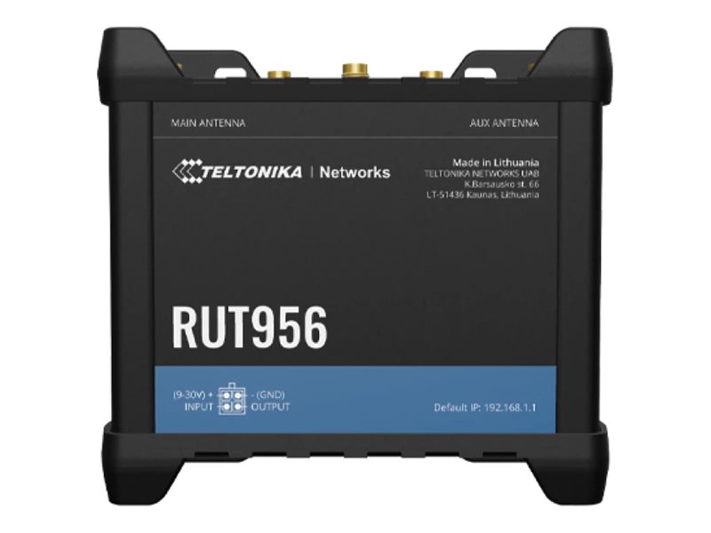 Industrial Router | RUT956 | 802.11n | 10/100 Mbit/s | Ethernet LAN (RJ-45) ports 4 | Mesh Support No | MU-MiMO No | 2G/3G/4G | Antenna type 2 x SMA for LTE, 2 x RP-SMA for WiFi, 1 x SMA for GNSS | 1x USB 2.0