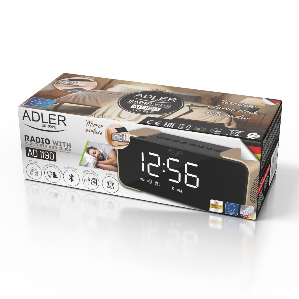 Adler | Wireless alarm clock with radio | AD 1190 | Alarm function | AUX in | Copper/Black - Image 2