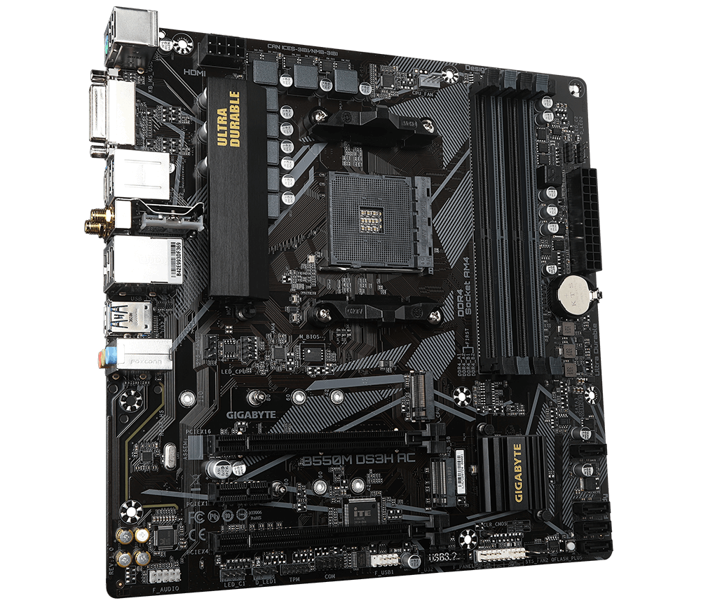 Gigabyte | B550M DS3H AC 1.0/1.1/1.2/1.3/1.5 M/B | Processor family AMD | Processor socket AM4 | DDR4 DIMM | Memory slots 4 | Supported hard disk drive interfaces SATA, M.2 | Number of SATA connectors 4 | Chipset AMD B550 | Micro ATX - Image 3