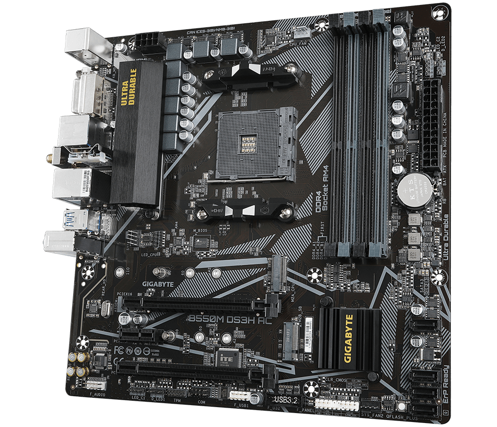 Gigabyte | B550M DS3H AC 1.0/1.1/1.2/1.3/1.5 M/B | Processor family AMD | Processor socket AM4 | DDR4 DIMM | Memory slots 4 | Supported hard disk drive interfaces SATA, M.2 | Number of SATA connectors 4 | Chipset AMD B550 | Micro ATX - Image 5