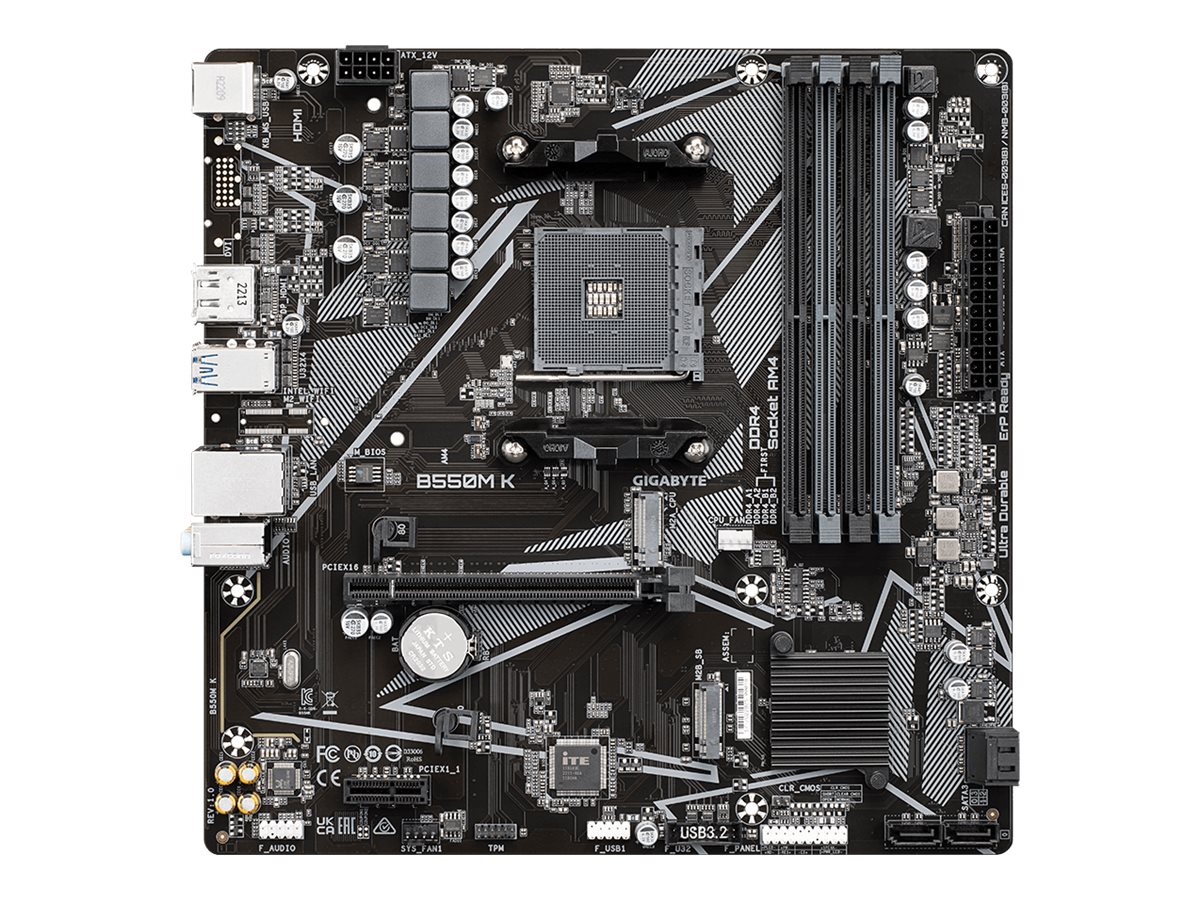 Gigabyte | B550M K 1.0 M/B | Processor family AMD | Processor socket AM4 | DDR4 DIMM | Memory slots 4 | Supported hard disk drive interfaces SATA, M.2 | Number of SATA connectors 4 | Chipset AMD B550 | Micro ATX - Image 2