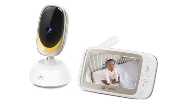 Motorola | Wi-Fi Video Baby Monitor with Mood Light | VM85 CONNECT 5.0" | 5" TFT color display with 480 x 272 resolution; Lullabies; Two-way talk; Room temperature monitoring; Infrared night vision; LED sound level indicator; Wi-Fi connectivity for on-the-go viewing; 2.4GHz FHSS  wireless technology for in-home viewing; Remote pan scan, digital tilt and zoom; Remote pan scan, digital tilt and zooml; High sensitivity microphone; Secure and private connection; Multi-color mood light | White/Gold - Image 2