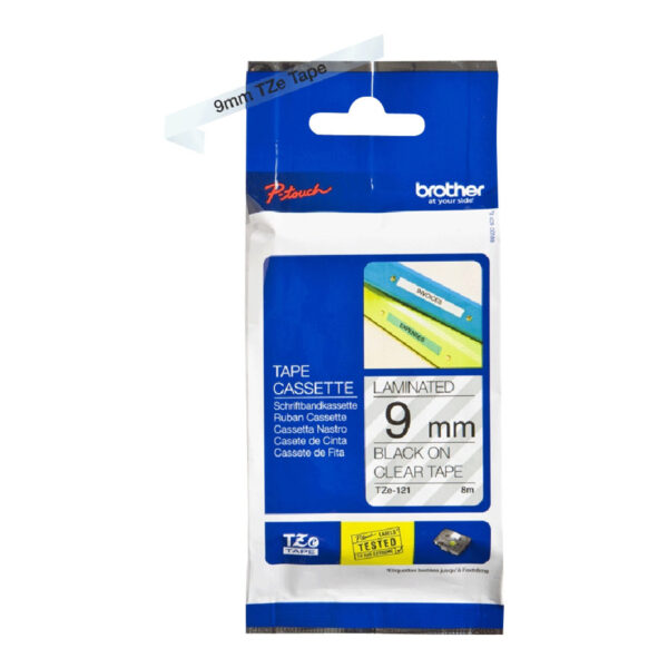 Brother | TZe-121 Laminated Tape | Black on Clear | TZe | 8 m | 9 cm