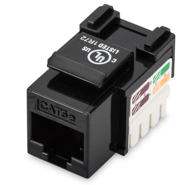 Class D CAT 5e Keystone Jack | DN-93501 | Unshielded RJ45 to LSA | Cable installation via LSA strips, color coded according to EIA/TIA 568 A & B; The Cat 5e keystone module supports transmission speeds of up to 1 GBit/s & 100 MHz in connection with cat. 5e or higher network installation cables | Black