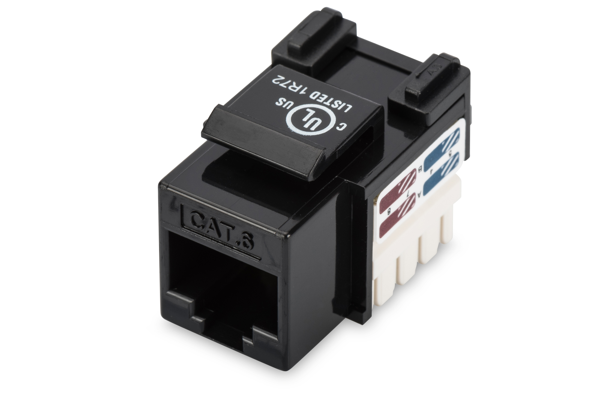 Class E CAT 6 Keystone Jack | DN-93601 | Unshielded RJ45 to LSA | Cable installation via LSA strips, color coded according to EIA/TIA 568 A & B; The Cat 6 keystone module supports transmission speeds of up to 1 GBit/s & 250 MHz in connection with cat 6 or higher network installation cables | Black