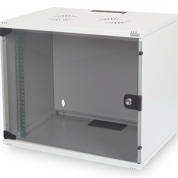 Digitus | 7U wall mounting cabinet | DN-19 07U-S-1 | Grey | Safety class rating IP20. Lockable safety-glass door. 200° door opening angle. Front door: Glass door, single opening. Unmounted 370x540x400 mm