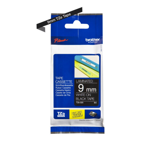 Brother | TZe-325 Laminated Tape | White on Black | TZe | 8 m | 9 cm