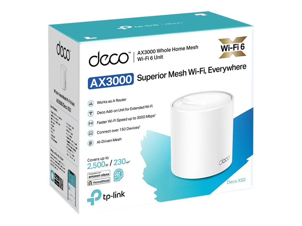 AX3000 Whole Home Mesh WiFi 6 Unit | Deco X50 (1-pack) | 802.11ax | 574+2402 Mbit/s | Ethernet LAN (RJ-45) ports 3 | Mesh Support Yes | MU-MiMO Yes | No mobile broadband | Antenna type Internal - Image 4
