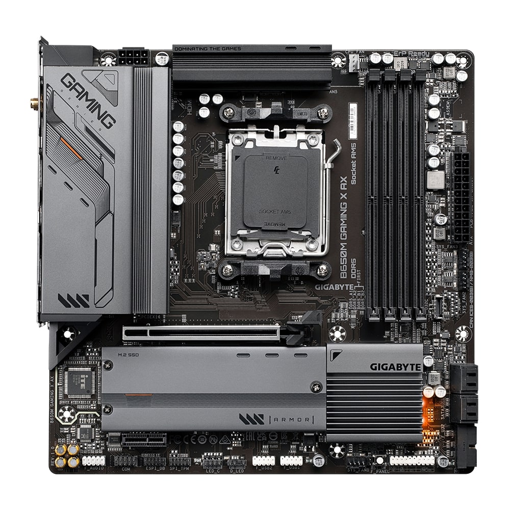 Gigabyte | B650M GAMING X AX 1.1 M/B | Processor family AMD | Processor socket AM5 | DDR5 DIMM | Memory slots 4 | Supported hard disk drive interfaces SATA, M.2 | Number of SATA connectors 4 | Chipset B650 | Micro ATX - Image 3