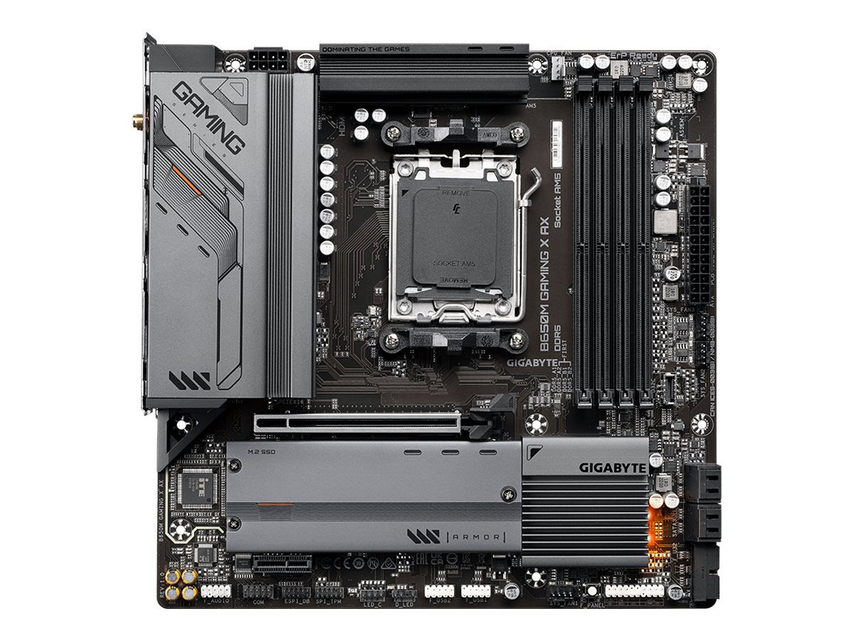 Gigabyte | B650M GAMING X AX 1.1 M/B | Processor family AMD | Processor socket AM5 | DDR5 DIMM | Memory slots 4 | Supported hard disk drive interfaces SATA, M.2 | Number of SATA connectors 4 | Chipset B650 | Micro ATX - Image 2