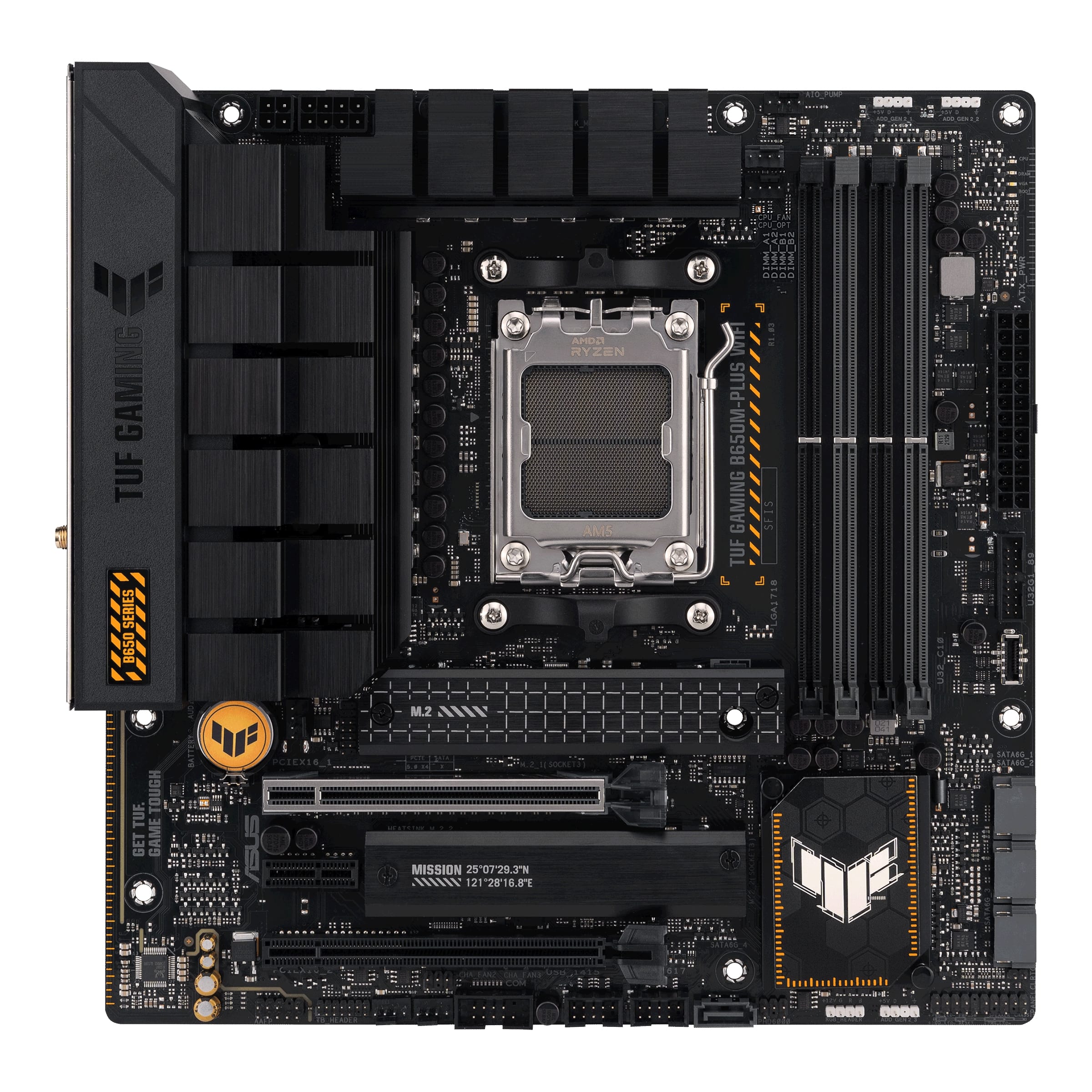 Asus | TUF GAMING B650M-PLUS WIFI | Processor family AMD | Processor socket AM5 | DDR5 DIMM | Memory slots 4 | Supported hard disk drive interfaces SATA, M.2 | Number of SATA connectors 4 | Chipset AMD B650 | micro-ATX