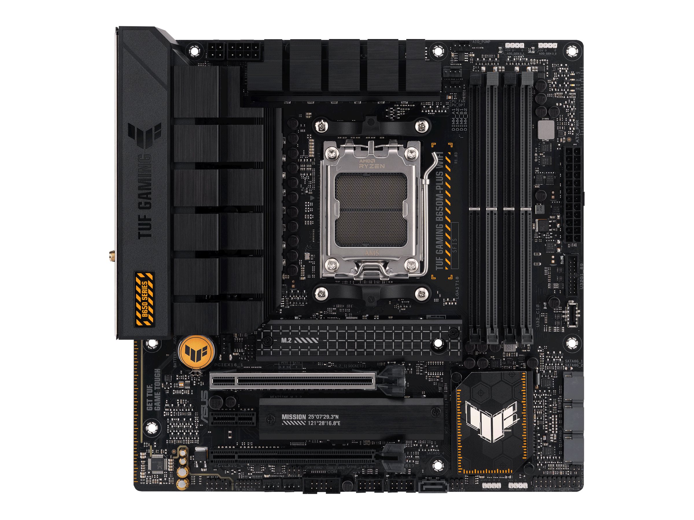 Asus | TUF GAMING B650M-PLUS WIFI | Processor family AMD | Processor socket AM5 | DDR5 DIMM | Memory slots 4 | Supported hard disk drive interfaces SATA, M.2 | Number of SATA connectors 4 | Chipset AMD B650 | micro-ATX - Image 2