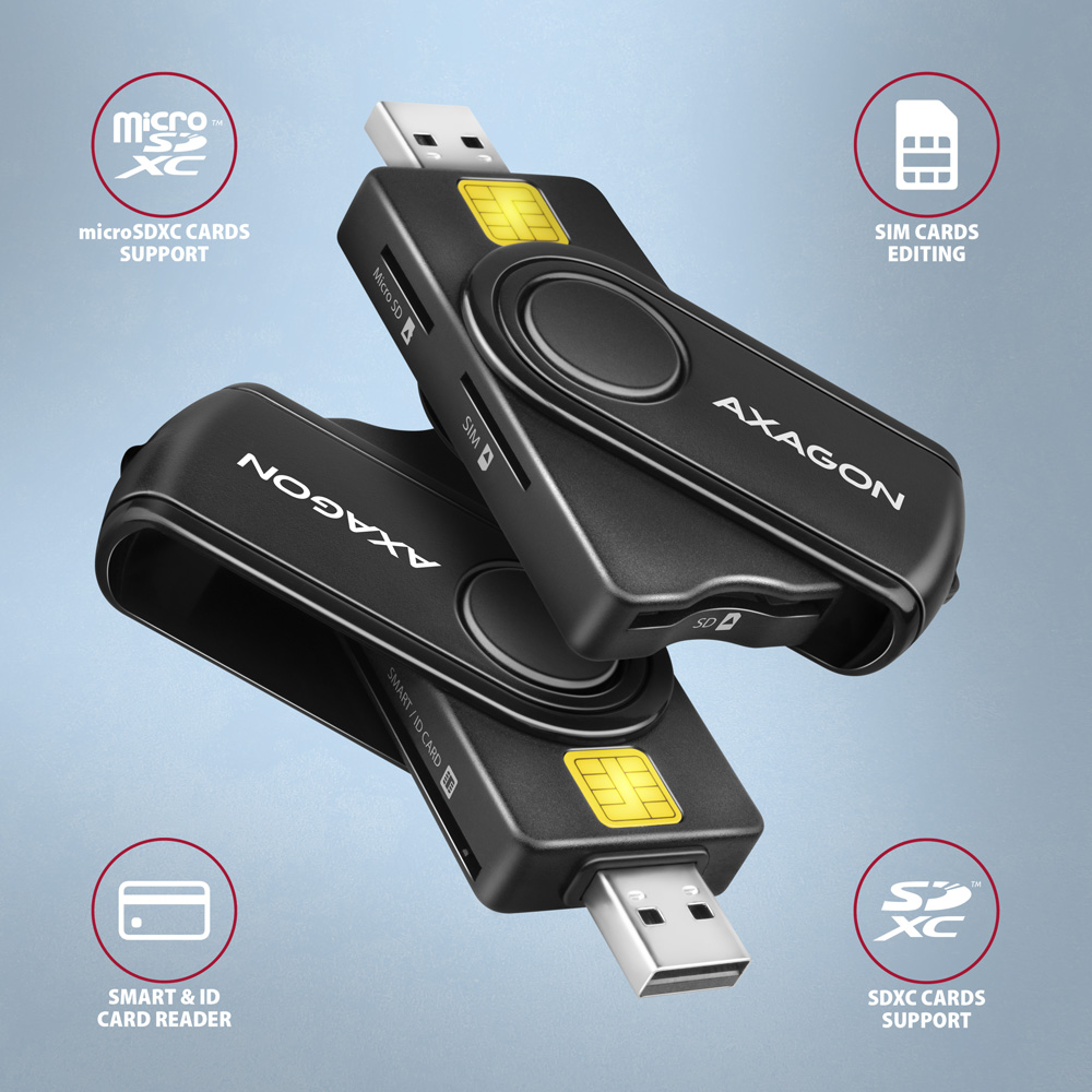 AXAGON Compact travel USB-A + USB-C contact Smart/ID card and SD/microSD/SIM card reader | CRE-SMP2A - Image 2