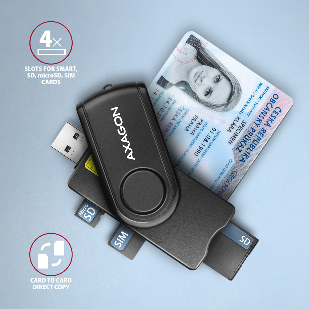 AXAGON Compact travel USB-A + USB-C contact Smart/ID card and SD/microSD/SIM card reader | CRE-SMP2A - Image 3