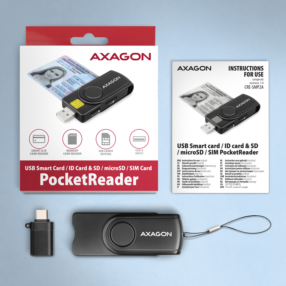 AXAGON Compact travel USB-A + USB-C contact Smart/ID card and SD/microSD/SIM card reader | CRE-SMP2A - Image 8
