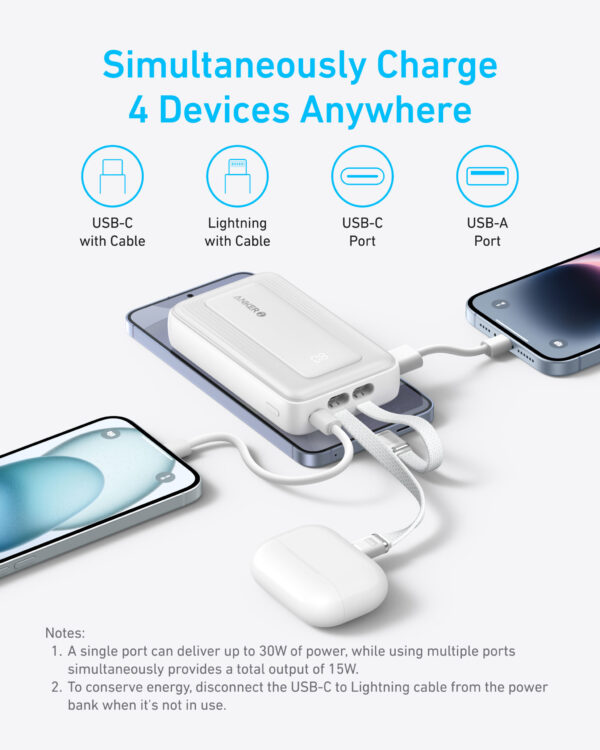 Anker | Power Bank | A1680H21 | 10000 mAh | USB-C 30W, Lightning 27W | Built-In USB-C and Lightning Cables | White - Image 3