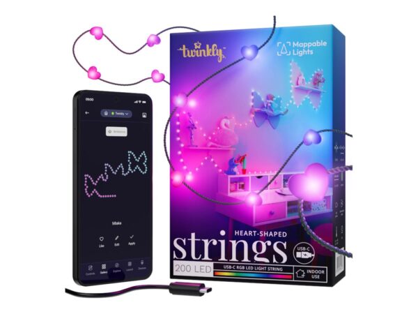 Twinkly Candies 200 Heart-shaped RGB LEDs, Green Wire, USB-C - Image 2