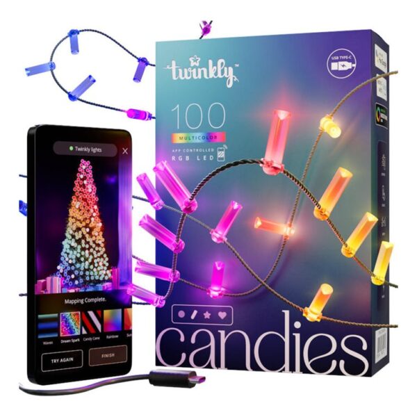Twinkly Candies 100 Candle-shaped RGB LEDs, Clear Wire, USB-C