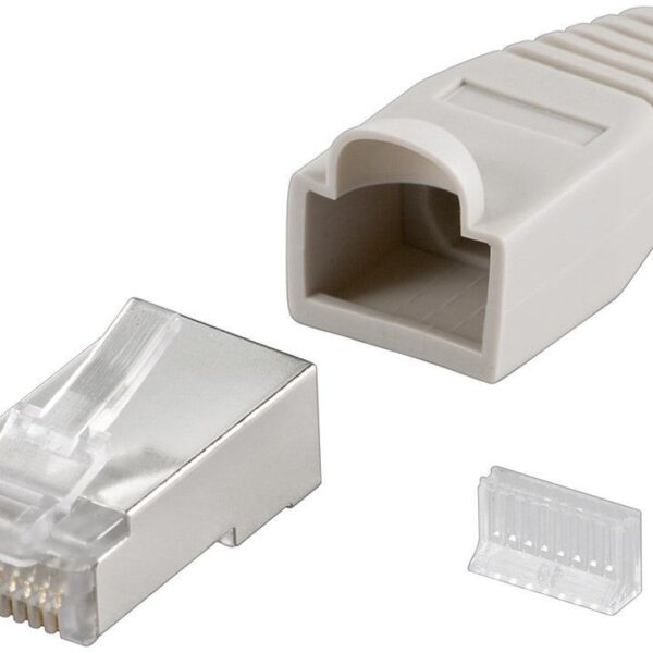 Goobay 68746 RJ45 plug, CAT 5e STP shielded with strain-relief boot, grey | for round cable with Threader cable lead in 6.4 mm single packed (1 set per polybag) Technical specifications Connections Connection, type RJ45 male (8P8C) Connection, contact material gold-plated 3µ Contacting 8 Pin Cable Specification CAT 5e Shielding class STP AWG 26-24 General Consumption Unit 10 pcs. polybag Color grey